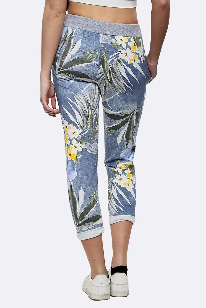 Anne   Kate Italian Tropical Floral Light Denim Print Trousers 10-12