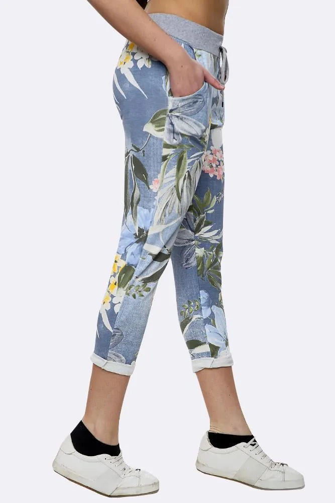 Anne   Kate Italian Tropical Floral Light Denim Print Trousers 10-12