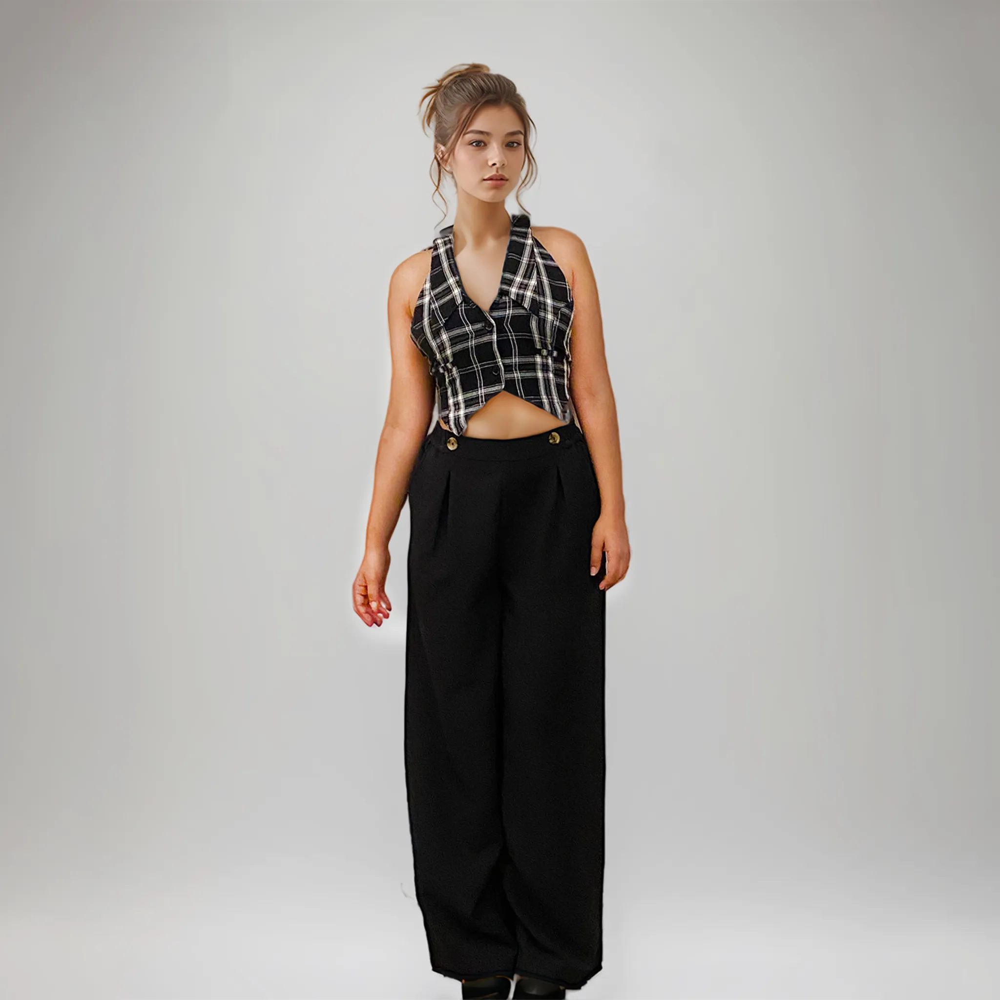 Black Korean Pants & Checkered Waistcoat Set