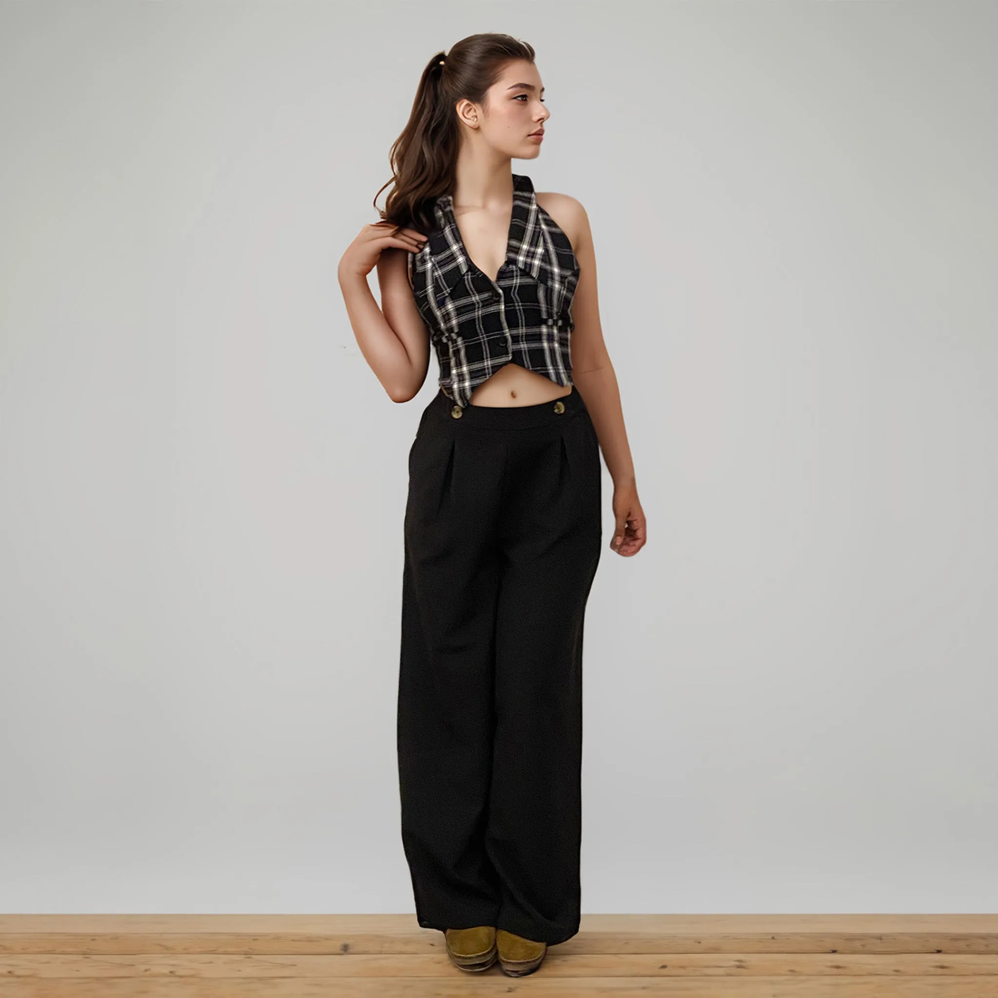 Black Korean Pants & Checkered Waistcoat Set