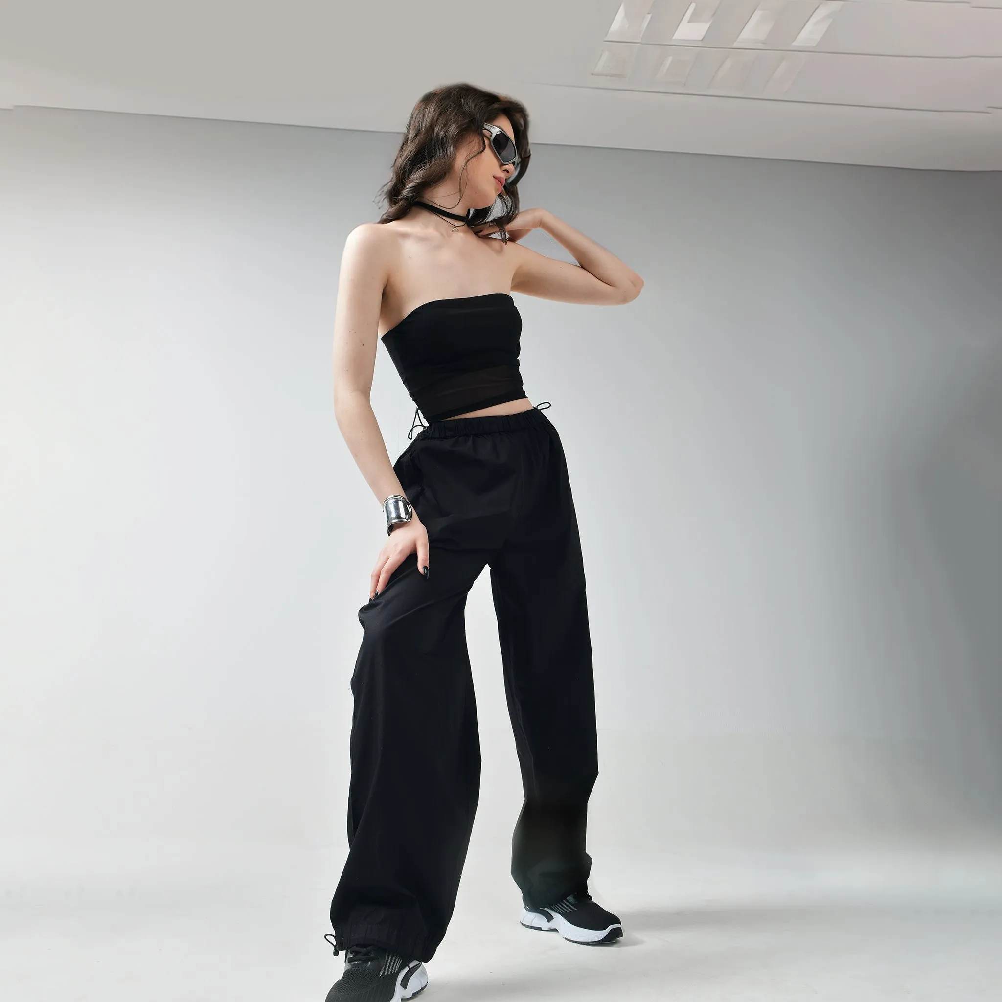 Black Tube Top & Black Parachute Pants