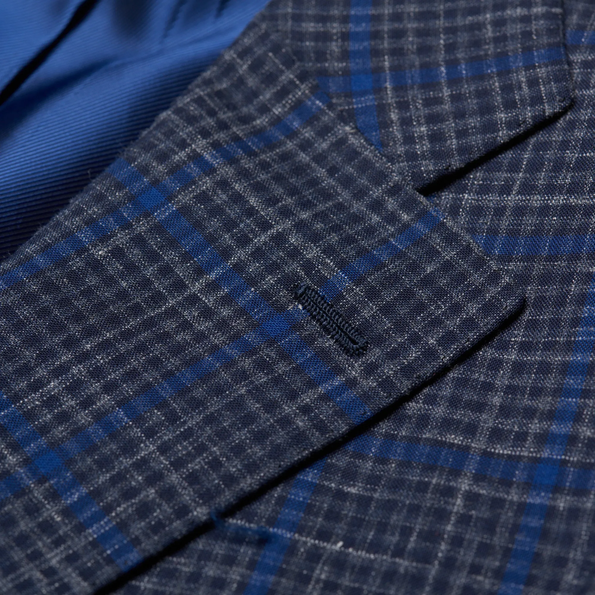 CESARE ATTOLINI Napoli Handmade Blue Plaid Wool-Silk-Linen Suit EU 48 NEW US 38