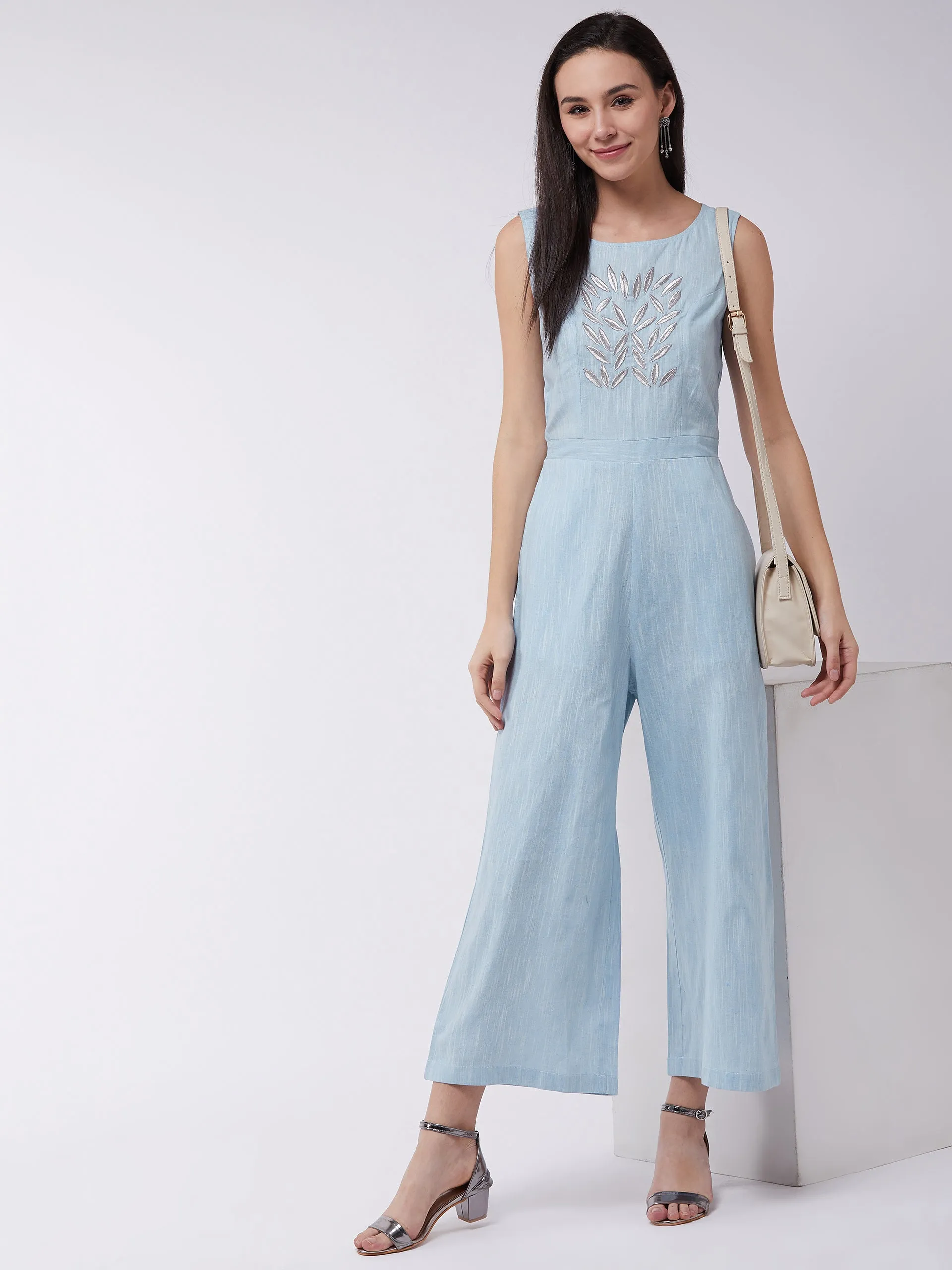 Chambray Front Embroidered Jumpsuit