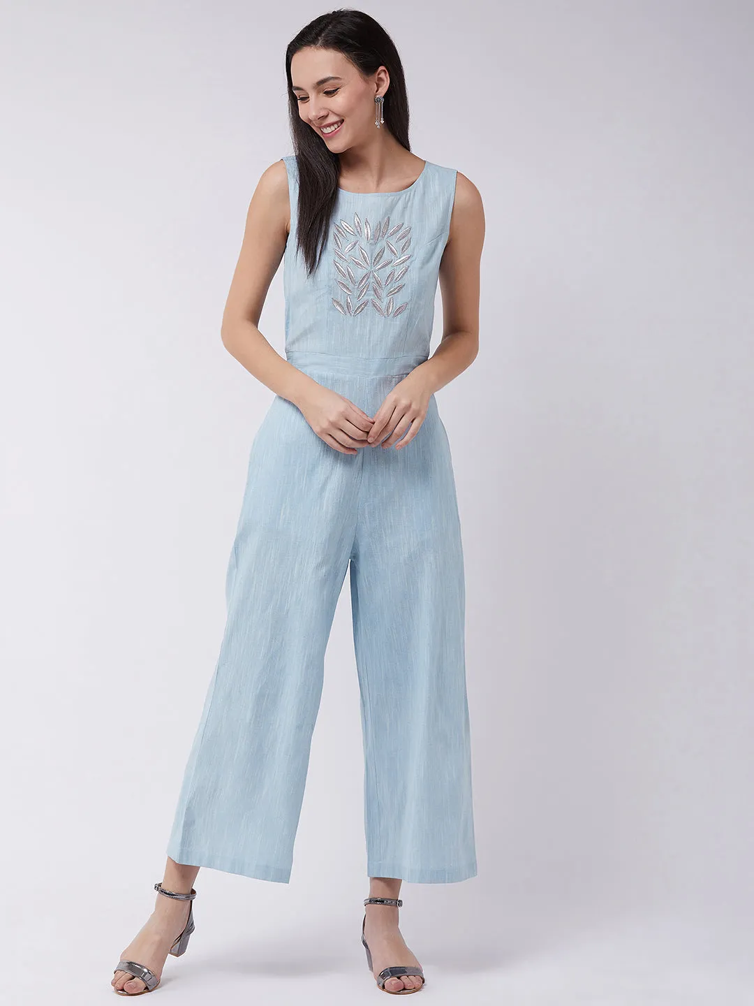 Chambray Front Embroidered Jumpsuit