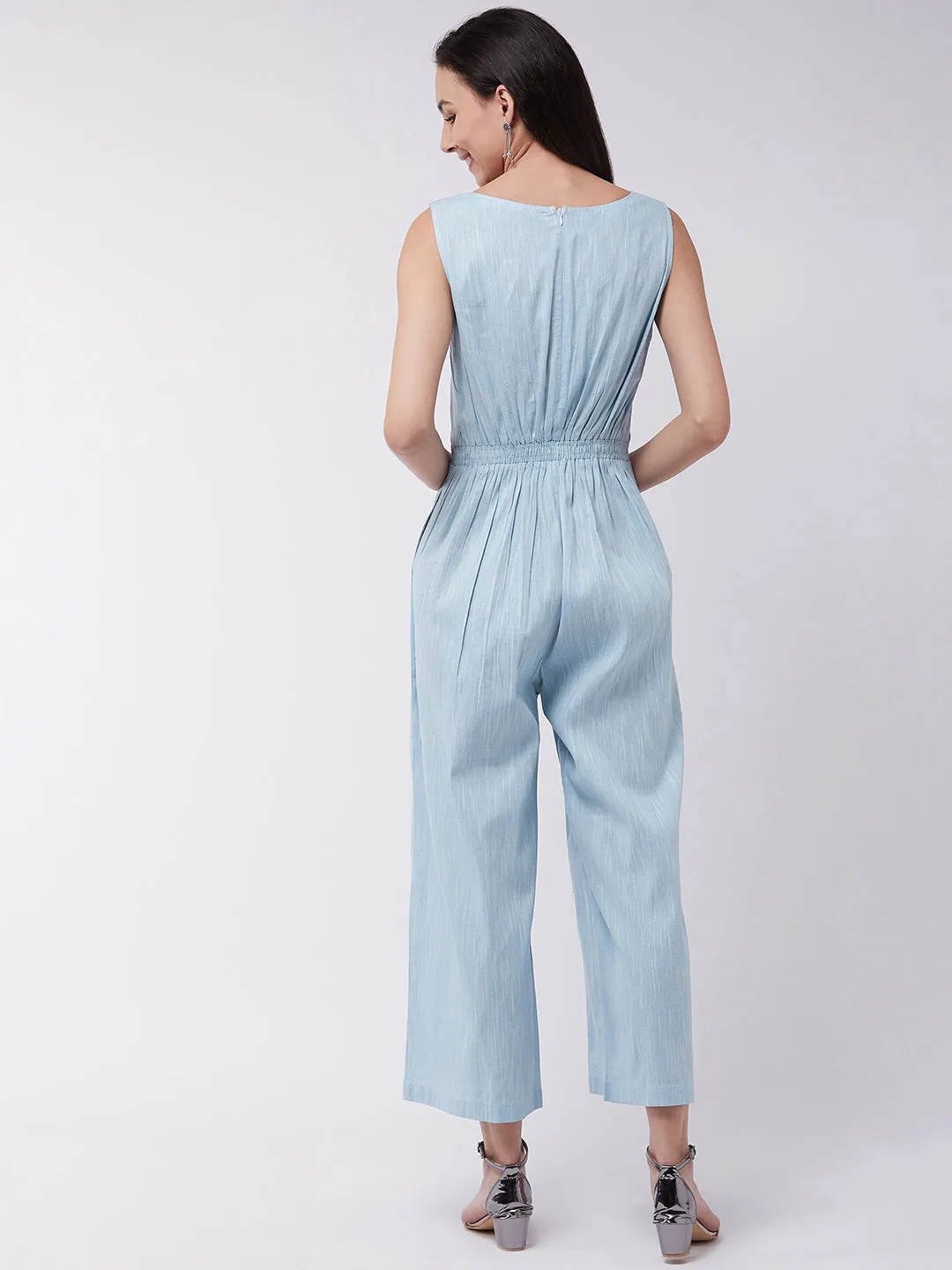 Chambray Front Embroidered Jumpsuit