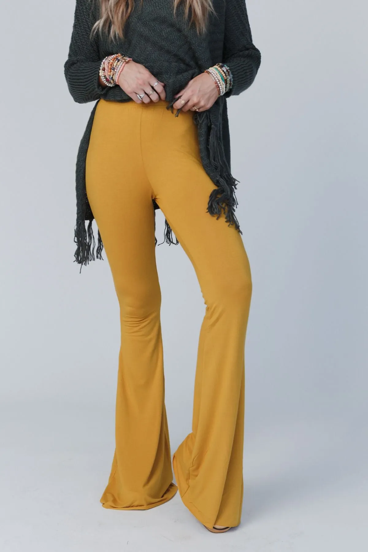 Cher Solid Raw Edge Flare Pant - Mustard Yellow