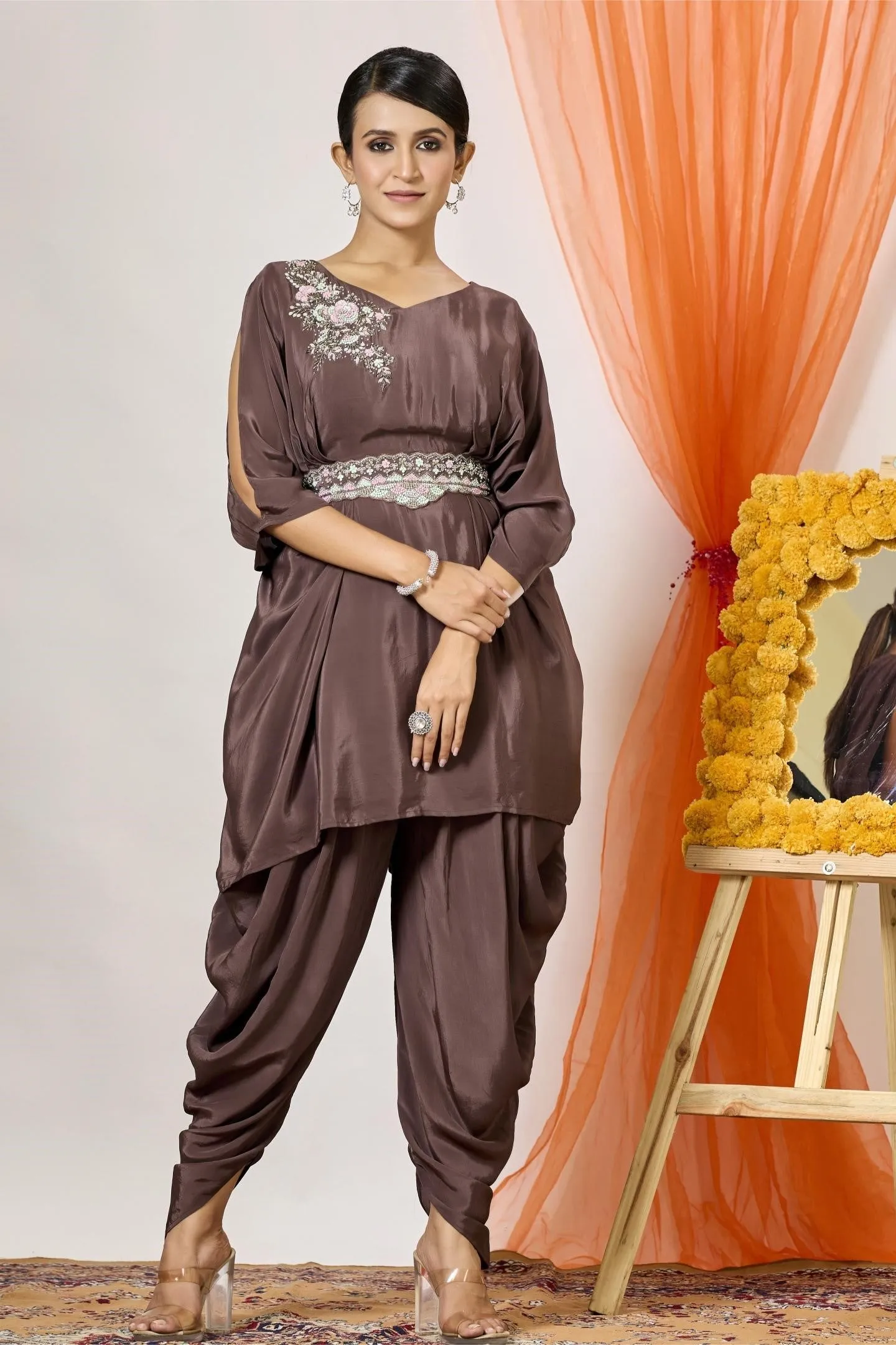 Classic Brown Embellished Crepe Silk Tunic & Dhoti Set