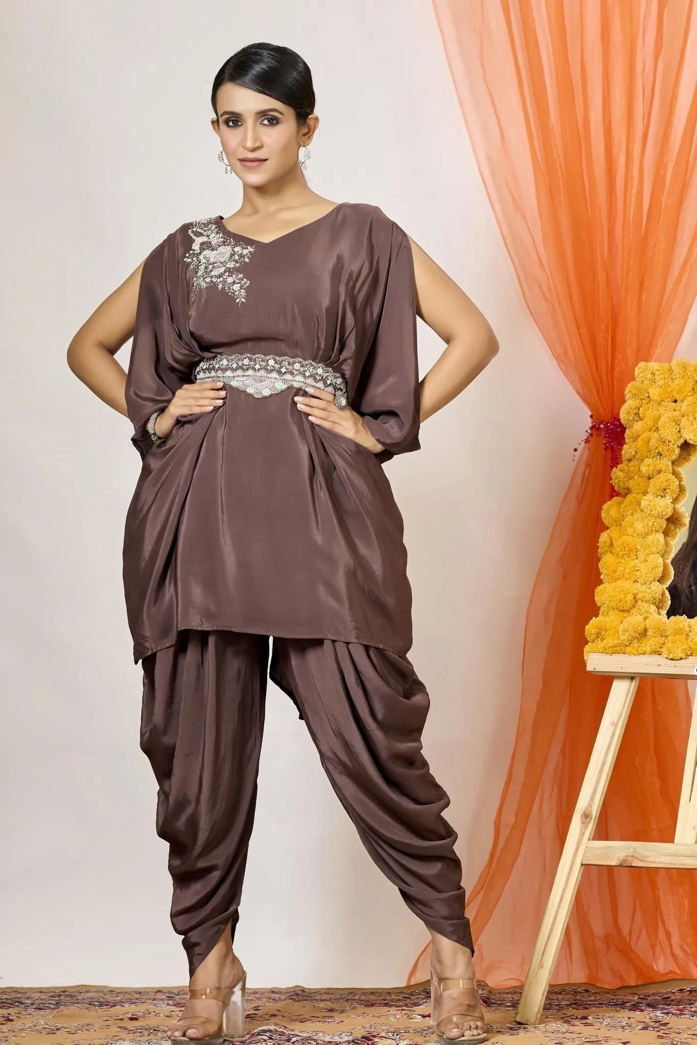 Classic Brown Embellished Crepe Silk Tunic & Dhoti Set