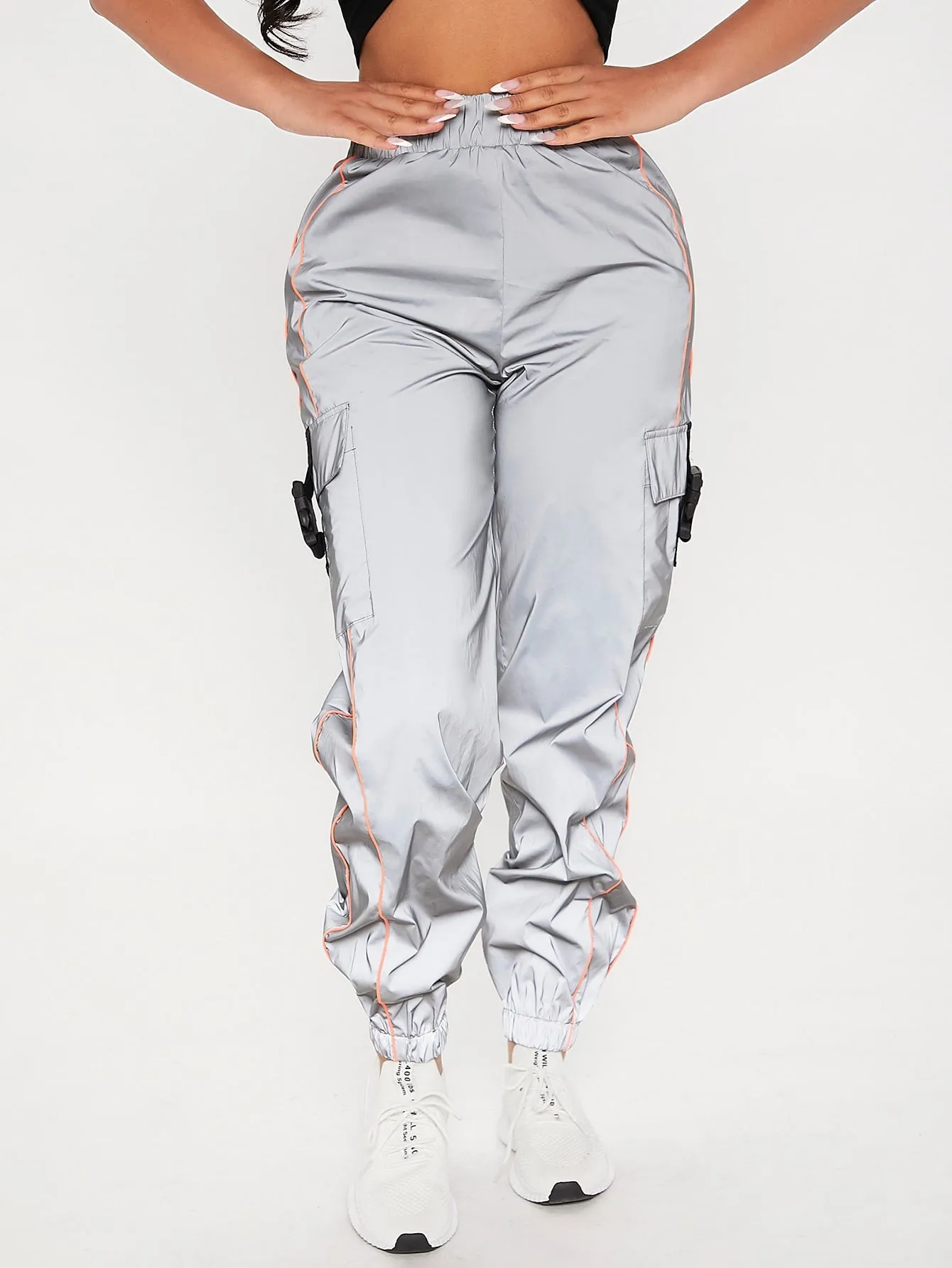 Contrast Piping Flap Pocket Buckle Cargo Pants