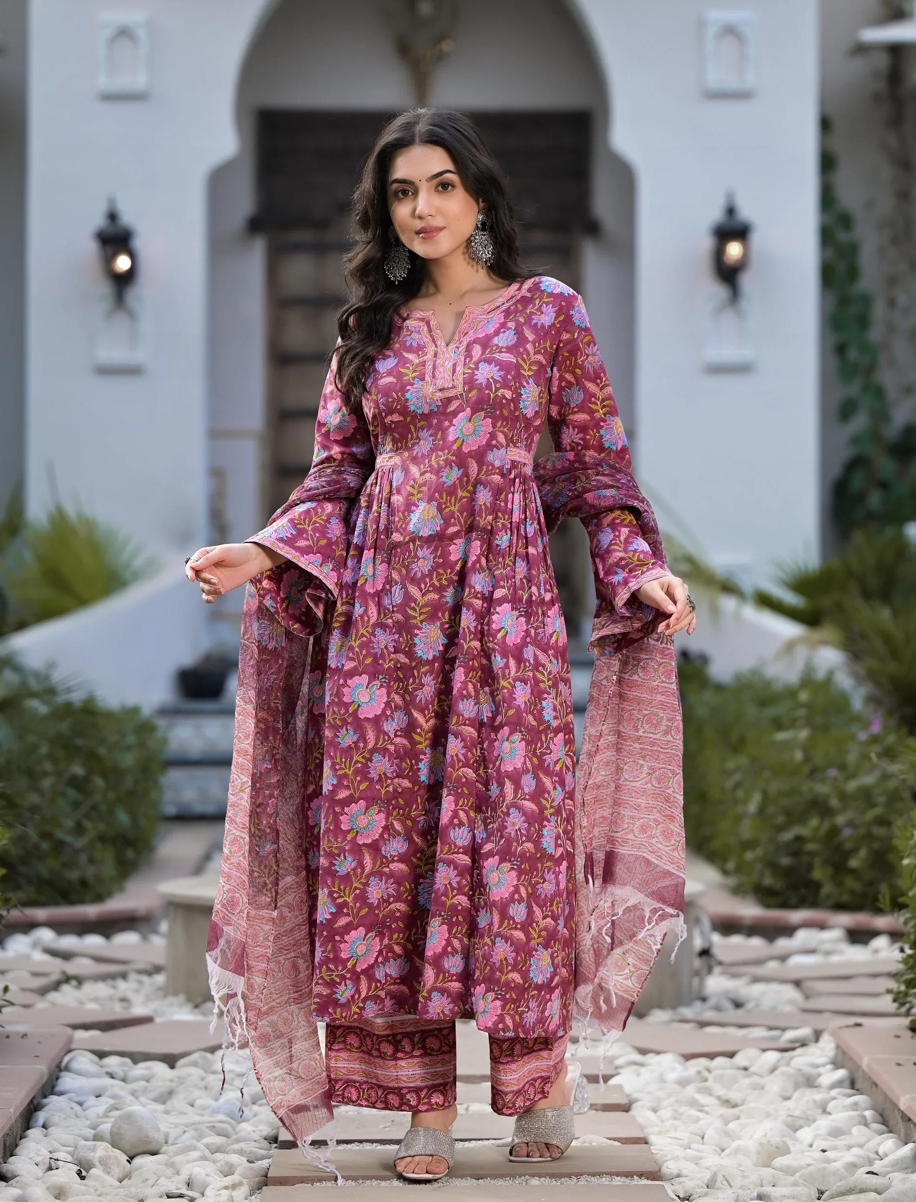 Divena Magenta Hand Block Floral Printed Cotton Kurta Set