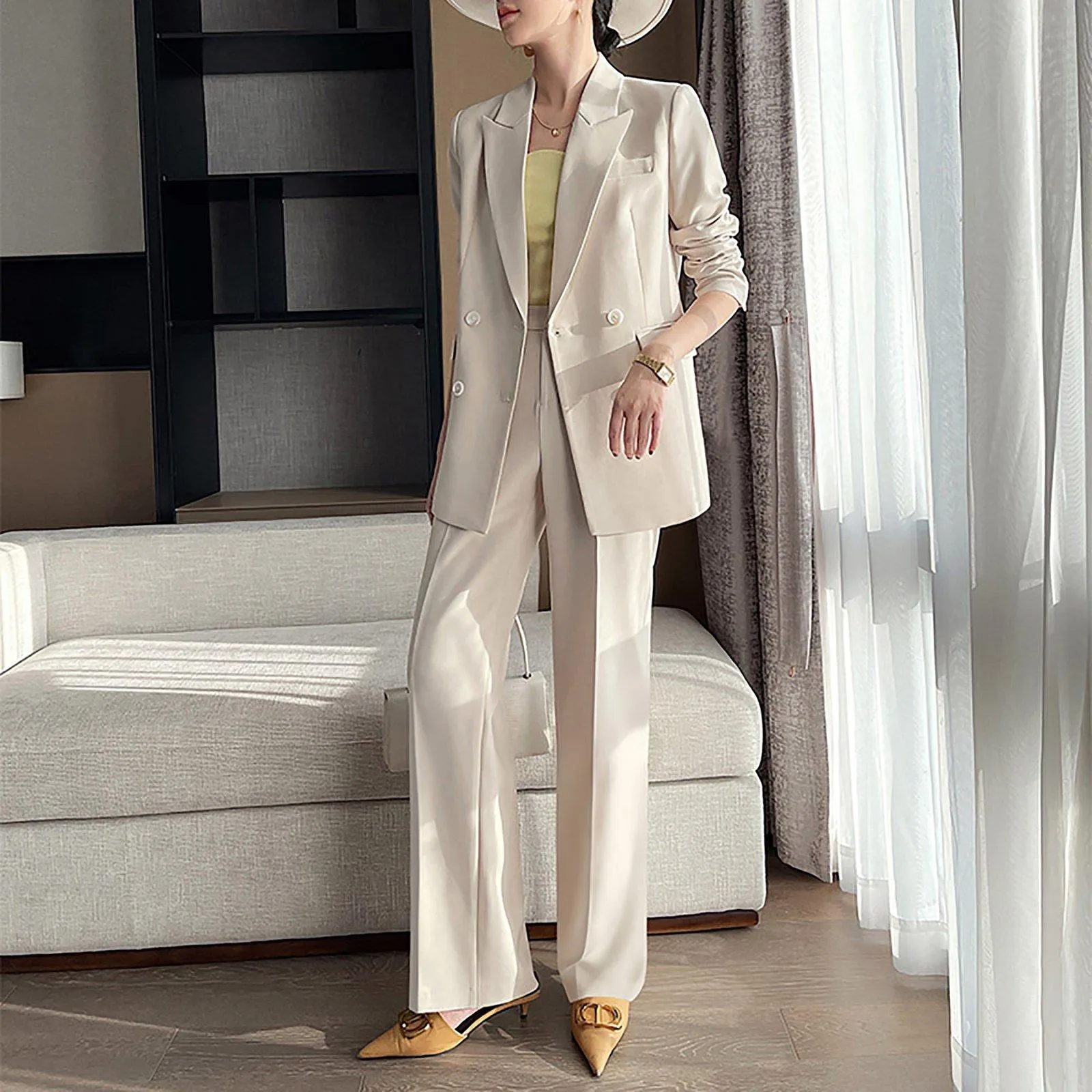 Double Breasted Blazer & Wide Leg Pants Two-Piece Set