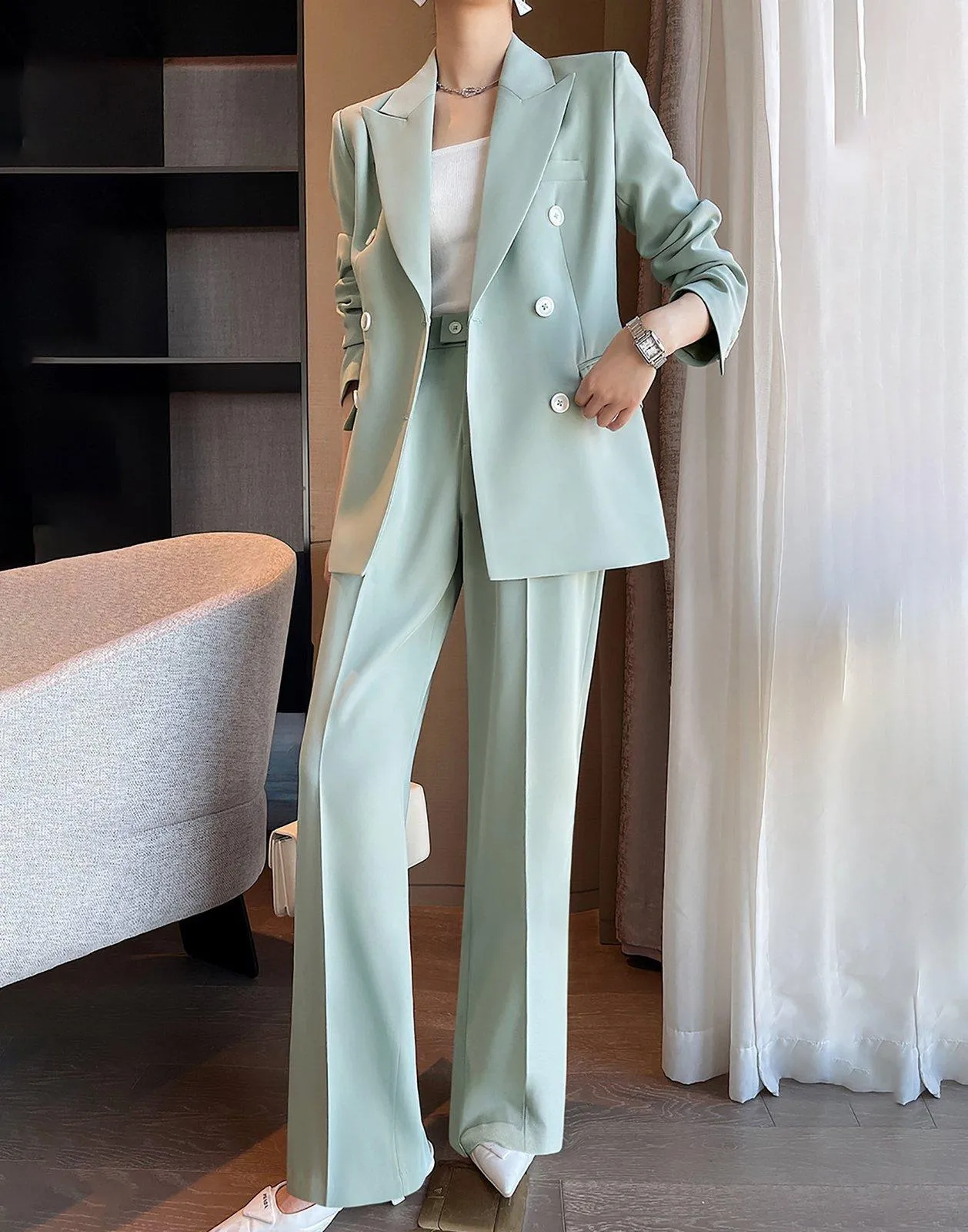 Double Breasted Blazer & Wide Leg Pants Two-Piece Set