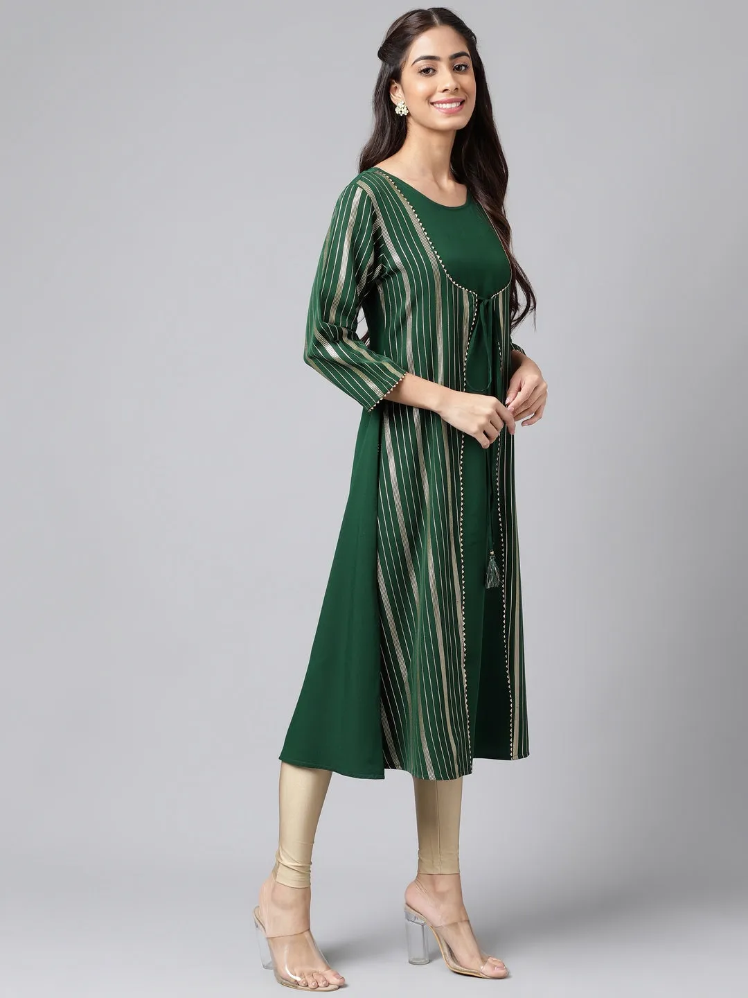 Green Crepe Foil Printed A-Line Kurta