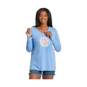 Life Is Good Women's Tie Dye Daisy Long Sleeve Crusher-LITE Hooded Tee - Cornflower Blue