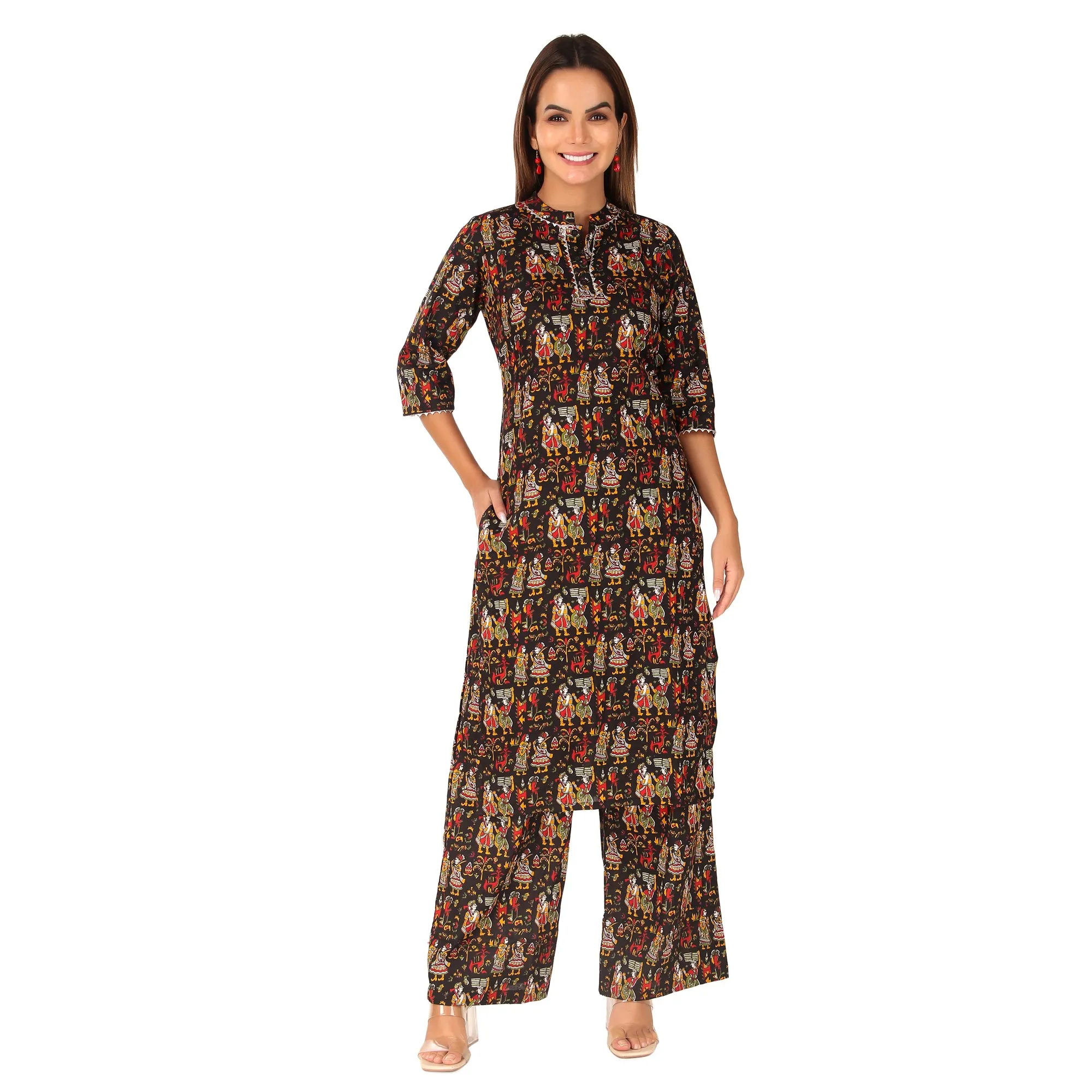 MAGNETISM black Kalamkari GUJRI Print Cotton Kurti with Pant