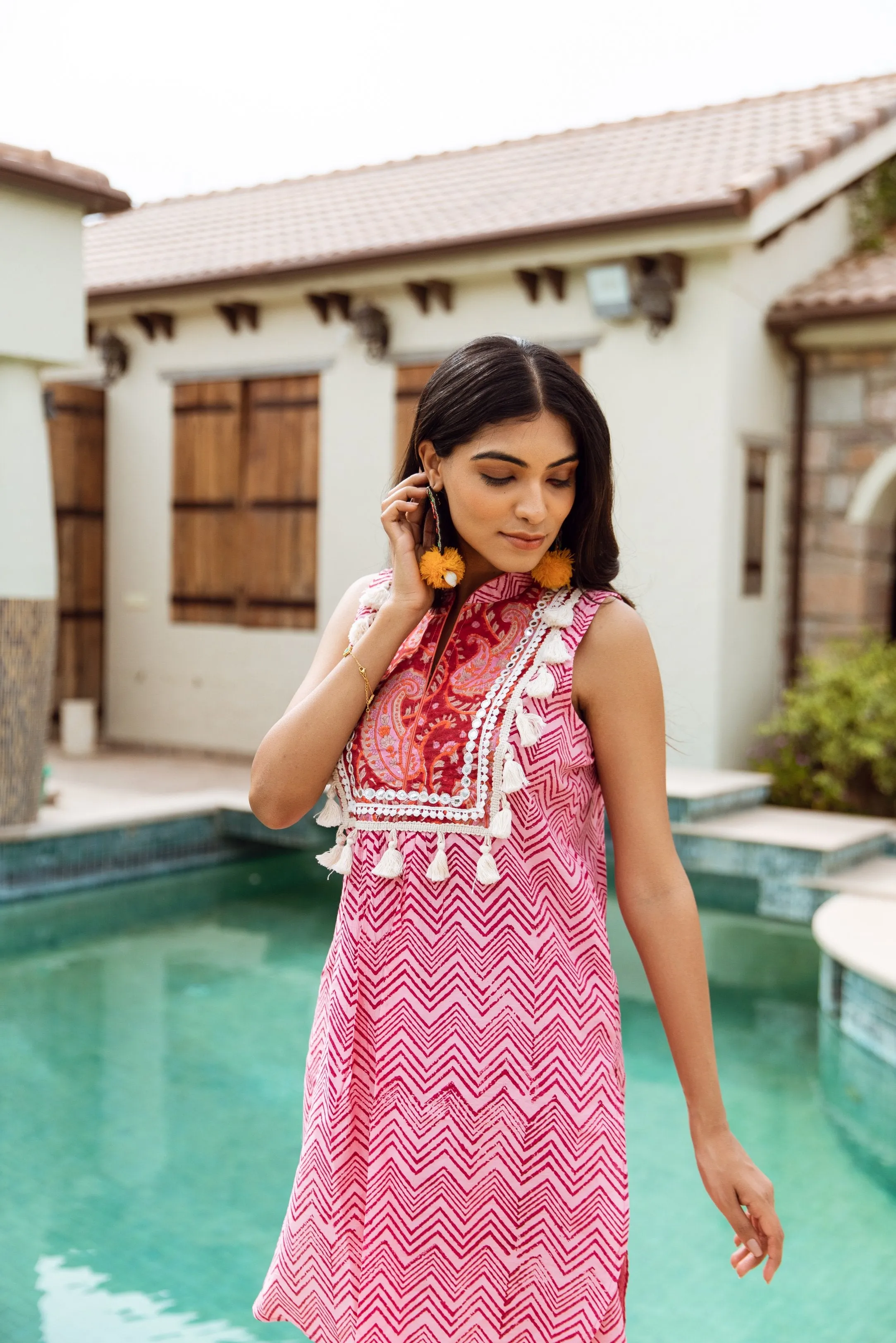 Pink Zigzag Handblock Print Chanderi co-ord Set