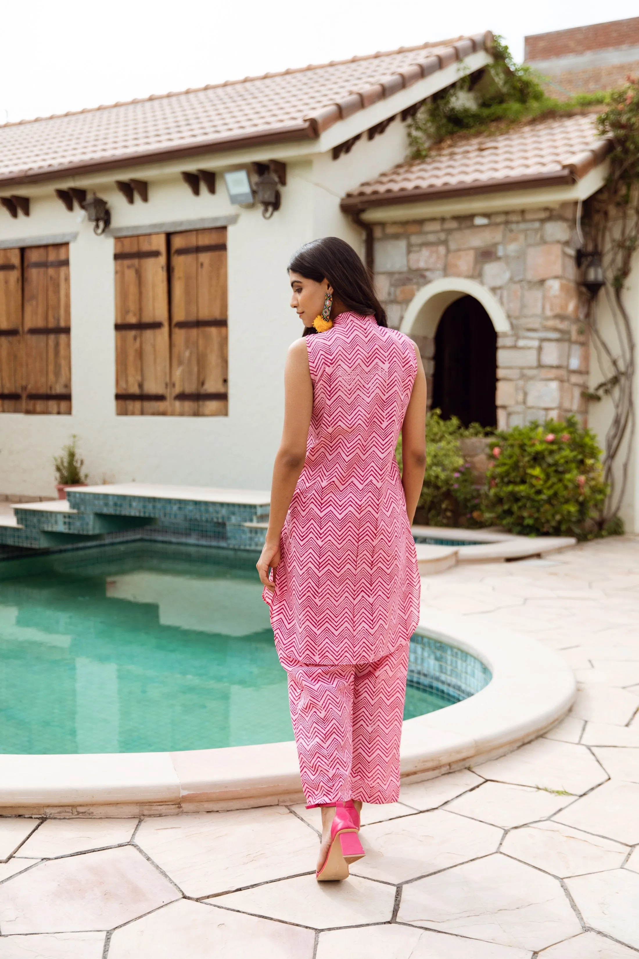 Pink Zigzag Handblock Print Chanderi co-ord Set