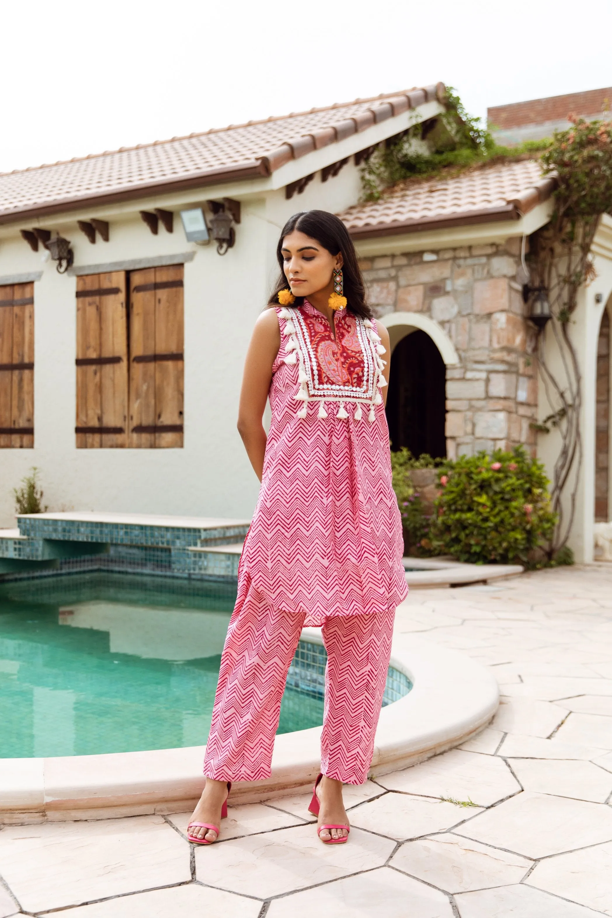 Pink Zigzag Handblock Print Chanderi co-ord Set