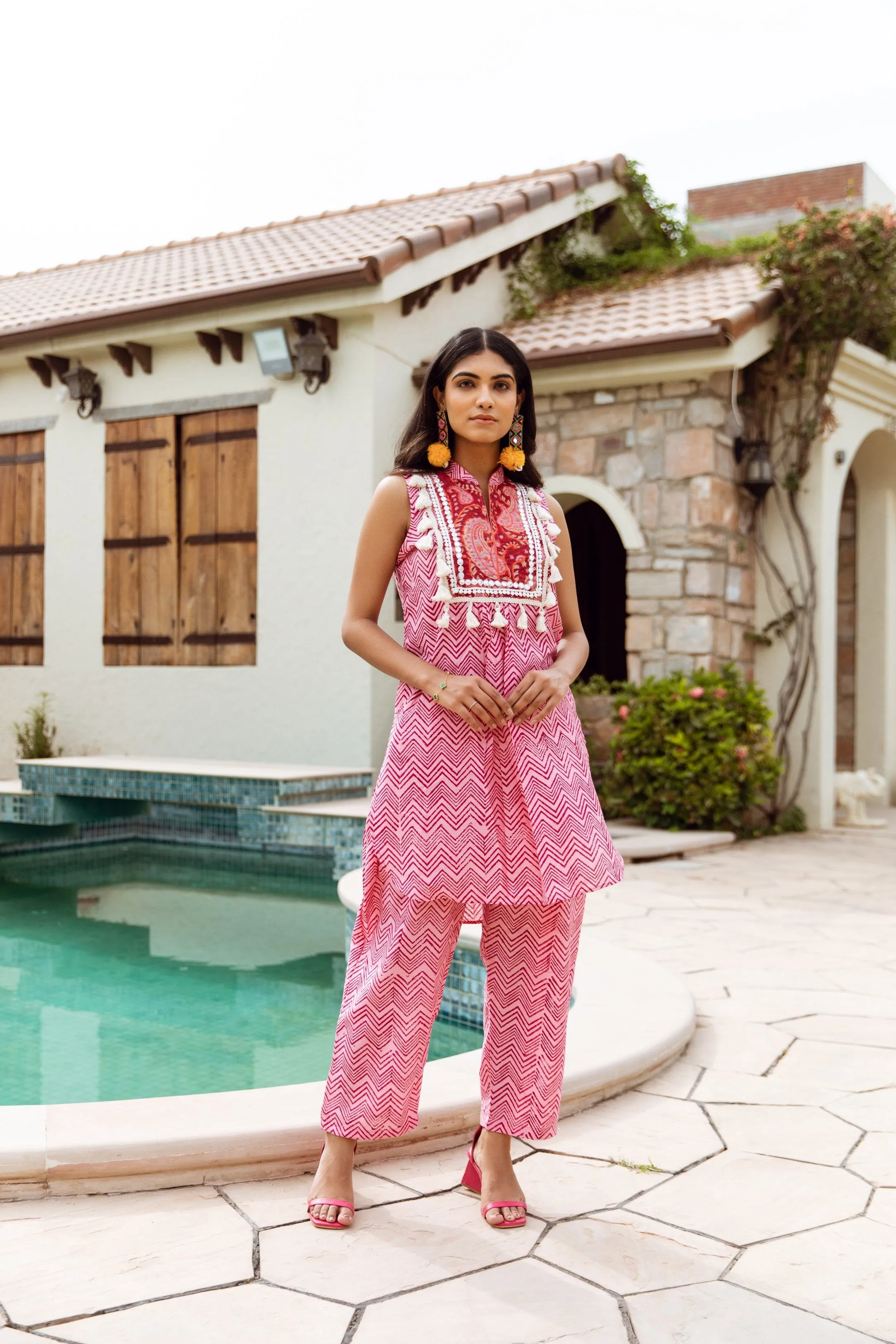 Pink Zigzag Handblock Print Chanderi co-ord Set