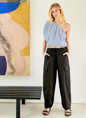 Structured Poplin Drawstring Cargo Pant in Black